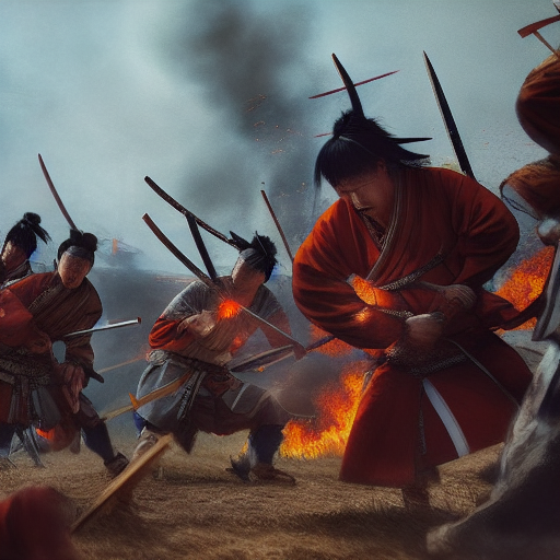 The village burning in the background as the seven samurais confront the bandits in a fierce battle.